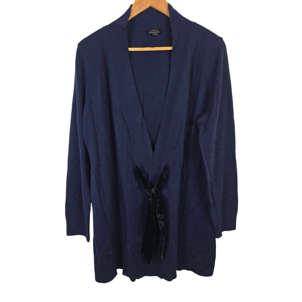 Talbots Navy Blue Pure Merino Wool Velvet Tie Front Cardigan Sweater Large